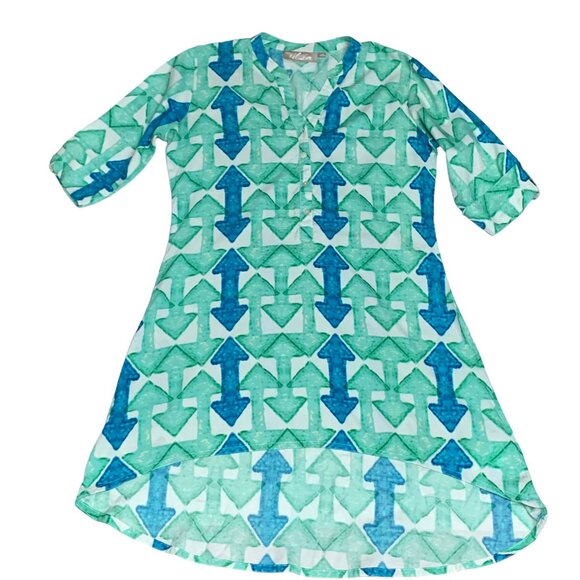 UTSA Blue Green Double Arrow Print Hi Low Viscose Pullover Tunic - Picture 9 of 10